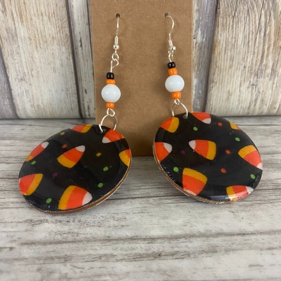 Candy Corn Black Orange Round 2” Dangle White Beaded French Wire Silver - Picture 6 of 8